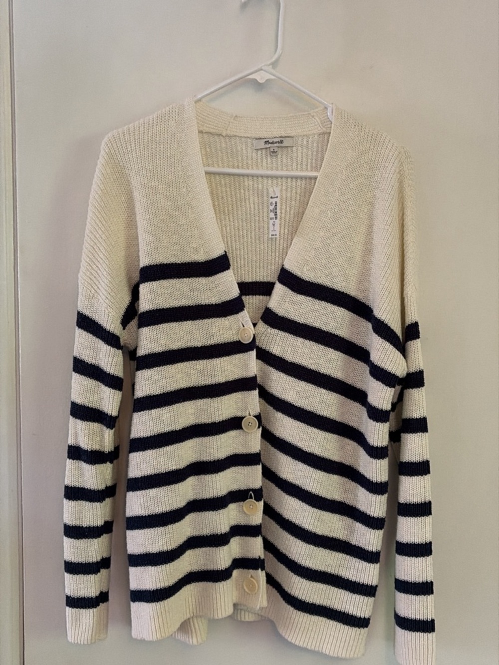 Madewell Cream & Navy Striped V-Neck Button Cardigan